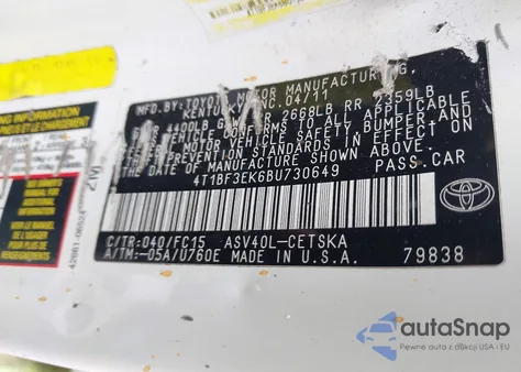 2011 Toyota Camry Se from USA, damaged, VIN 4T1BF3EK6BU730649